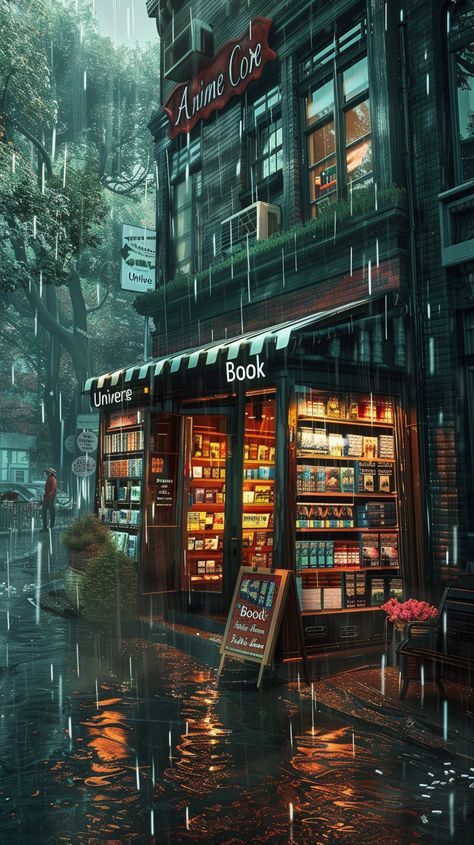 The bookstore from the cartoon is very beautiful and poetic. Book And Rain Aesthetic, Beautiful House Images, Home Library Design Ideas, Home Design Architecture, Bookstore Aesthetic, Trippy Iphone Wallpaper, Cozy Mystery Books, Home Library Design, House Construction Plan