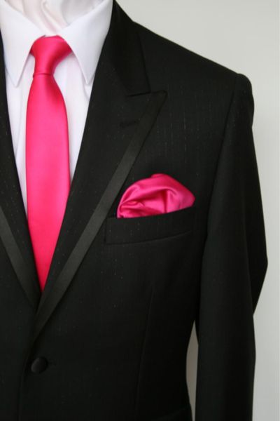 Aiden would be a stud with the pink tie and hankie! Black Tux Pink Tie, Hot Pink Groomsmen Attire, Tux With Pink Tie, Black And Hot Pink Prom, Black Suit Pink Tie, Hot Pink And Black Wedding, Hot Pink Wedding Colors, Choir Outfits, Grad Suits