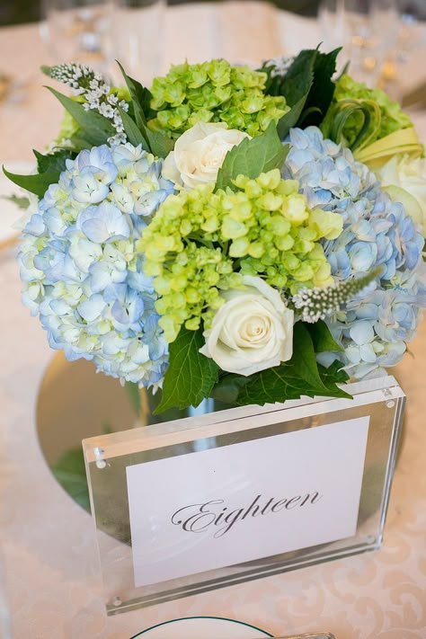 Photography: Captured Photography By Jenny - capturedbyjen.com  Read More: http://www.stylemepretty.com/new-england-weddings/2014/01/28/classic-blue-green-wedding-at-boston-harbor-hotel/ Hydrangea Centerpiece Diy, Hydrangea Centerpiece Wedding, Blue Hydrangea Wedding, Blue Green Wedding, Wedding Flowers Hydrangea, Hydrangea Centerpiece, Hydrangeas Wedding, Green Hydrangea, Blue Wedding Flowers