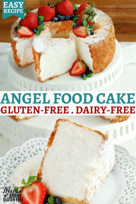 Gluten Free Dairy Free Desserts Recipes, Gluten Free Angle Food, Birthday Desserts Gluten Free, Gf Angel Food Cake Gluten Free, Wheat Free Cake, Gf Df Dessert Easy, Gluten Free Angel Food Cake Easy, Gluten Free Angel Cake, Gluten And Lactose Free Cake