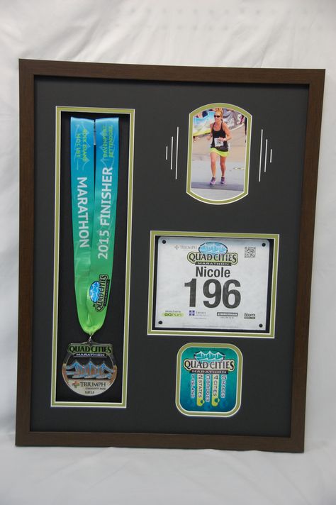 Quad Cities Marathon Shadow Box w/ Number and Race Medal... We also added a photo and logo to the layout. Prize Display, Sports Shadow Boxes, Race Bib Holder, Race Medal Displays, Marathon Medal Display, Medal Displays, Marathon Medal, Race Medal, Running Medals