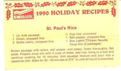 Rrroberto submitted a wonderful recipe call St. Paul’s Rice. He also gets bonus points for being the only one to scan the original recipe from 1990! This dish came out real well! It was easy, taste… Lipton Chicken Noodle Soup, Sausage And Rice Casserole, Beef Sausage Recipes, Leftover Rice Recipes, Orzo Salad Recipes, Rice Side Dishes, Veggie Side Dishes, Main Course Recipes, Easy Casserole Recipes