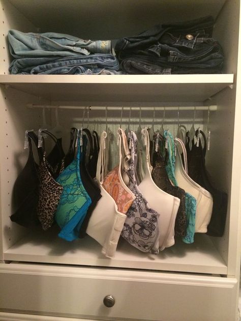 Clothing Organization, Bra Organization, Bra Storage, Organized Closet, Apartment Storage, Tension Rods, Diy Bra, Shelves Storage, Wardrobe Room