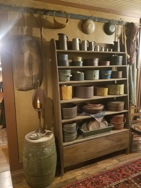 Primitive Painted Furniture, Primitive Pantry, Colonial Primitive Decor, Primitive Shelves, Colonial Kitchens, Colonial Decorating, Primitive Cupboards, Pantry Decor, Ceiling Shelves