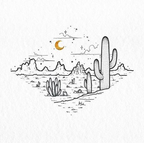 Aesthetic Cactus Drawing, Western Drawings Simple, Desert Drawings, Desert Drawing, Cactus Tattoo, Cactus Drawing, Tato Lengan, Graphic Design Blog, Dessin Adorable