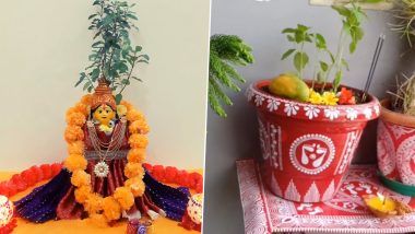 Tulsi Vivah 2022 Pot Decoration Ideas: From Draping a Saree Around the Pot to Painting Traditional Patterns, Get Beautiful Design Ideas for Your Pot Holder Here (Watch Videos) Tulsi Decoration Ideas, Tulsi Pot Design Traditional, Tulsi Pot Design Painting, Tulsi Pot Painting Ideas, Tulsi Vivah Decoration, Tulsi Pot Design, Pot Decoration Ideas, Tulsi Pot, Tulsi Vivah