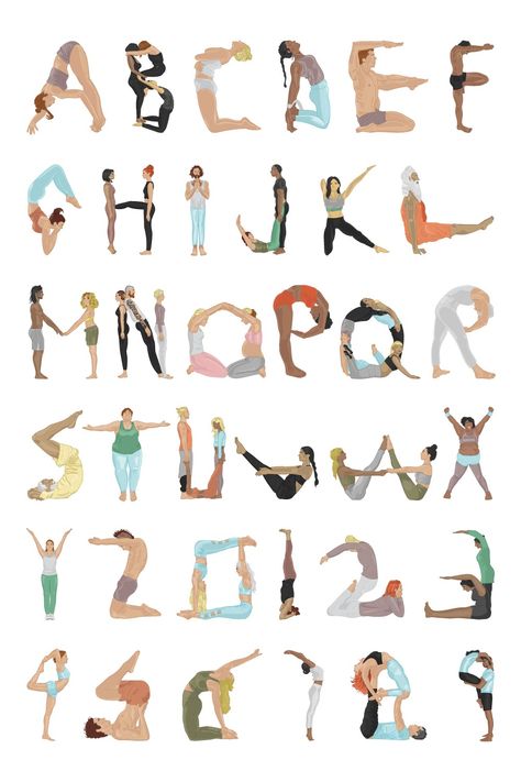 Letters A to Z Yoga poses alphabet illustration Alphabet Yoga, Dynamic Warm Up, Lettering Alphabet, Alphabet, Yoga, Typography, Graphic Design