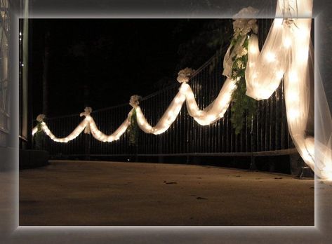 fence with tulle Wedding Decorations Entrance, Lights Entrance, Wedding Church Decorations, Entrance Stairs, Wedding Outdoors, Tulle Decorations, 20 Years Of Marriage, Decorations Lights, Lights Wedding Decor