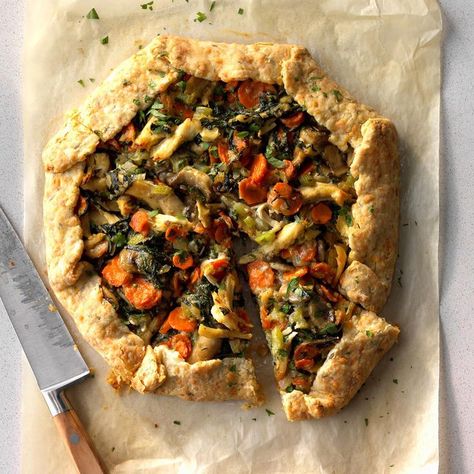 This gorgeous galette takes traditional chicken potpie and gives it a fun open-faced spin. The rich filling and flaky cheddar-flecked crust makes it taste so homey. —Elisabeth Larsen, Pleasant Grove, Utah Fall Chicken Recipes, Chicken Potpie, Fall Fun Food, Galette Recipe, Winter Dinner, Savory Pie, Leftover Chicken, Chicken Pot, Chicken Pot Pie