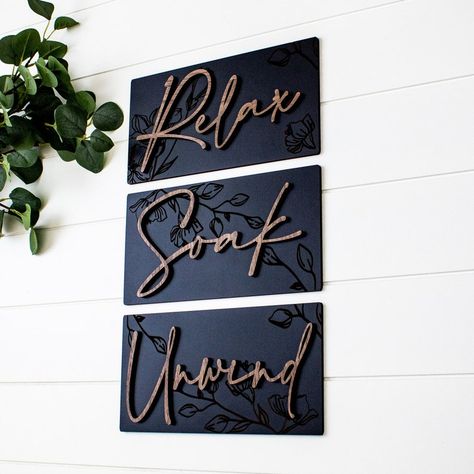 Relax Soak Unwind Sign Set Bathroom Wall Decor Modern Farmhouse Boho Bath Decor - Etsy Relax Bathroom Sign, Soak Relax Unwind Signs, Relax Soak Unwind Wall Decor, Large Wall Bathroom Decor, Gray Black And White Bathroom, Italian Bathroom Decor, Wall Hook Decor, Bathroom Ideas For Men, Modern Bathroom Wall Decor