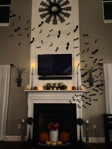 Brick Fireplace Halloween Decor, Bats Flying Out Of Fireplace, Bats Around Tv, Bats Coming Out Of Fireplace, Bats Fireplace Halloween, Bats On Fireplace, Fireplace Candles, Mantle Decorations, Halloween Mantle Decor