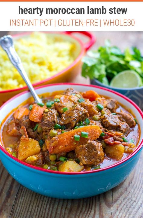 Instant Pot Moroccan Lamb Stew With Potatoes - hearty & comforting pressure cooker recipe for winter | Gluten-free, Whole30, Paleo Friendly | #instantpot #pressurecooker #lamb #moroccan #stew #lambstew Fall Stews, Instant Pot Moroccan, Moroccan Lamb Stew, Multicooker Recipes, International Meals, Stew With Potatoes, Moroccan Stew, Lamb Stew Recipes, Whole30 Dinner