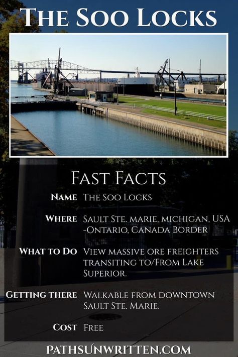 Michigan's Soo Locks: World's Busiest Lock System - Paths Unwritten Michigan Bucket List, Sault Ste Marie Ontario, Michigan Fishing, Michigan Poster, Retirement Activities, Ontario Road Trip, Midwest Road Trip, Midwest Region, Michigan Road Trip