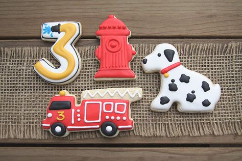 3rd Birthday Fire Truck Theme, Firefighter Birthday Cookies, Fireman First Birthday Party, Fire Truck Third Birthday, 3rd Birthday Firetruck Party, Firefighter Third Birthday, Firetruck First Birthday, Fire Truck 2nd Birthday, Fire Truck 3rd Birthday Party