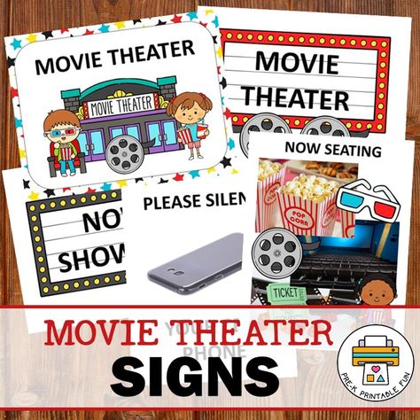 Movie Theater Dramatic Play Pack - Pre-K Printable Fun Movie Theater Dramatic Play, Theater Dramatic Play, Movie Theather, Literacy Night Activities, Movie Theater Theme, Hollywood Classroom, Rainy Day Movies, Dramatic Play Activities, Fairy Tales Preschool