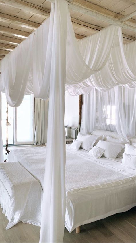 Hanging Bed Curtains, Cycladic Interior Design, Mirror In Front Of Bed, Bed Drapery, Curtains Above Bed, Heavenly Bedroom, Bed Canopy Curtains, Bedroom Canopy, Bed Drapes