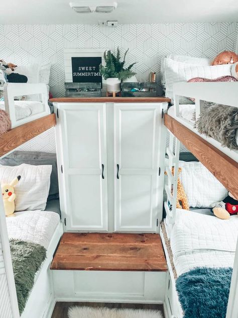 Camper Renovation Bunkhouse, Camper Bunk Bed Remodel, Travel Trailer Bunkhouse Ideas, Camper Bunks Remodel, Rv Double Bunk Remodel, Camper Bunkhouse Remodel, Glamper Camper, Camper Interior Design, Rv Interior Remodel