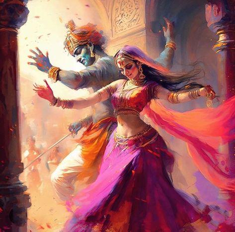 Radha Krishna Dancing, Krishna Artwork, Krishna Dancing, Krishna Drawing, Jay Shree Ram, Indian Art Gallery, Colourful Art, Vedic Art, Hinduism Art