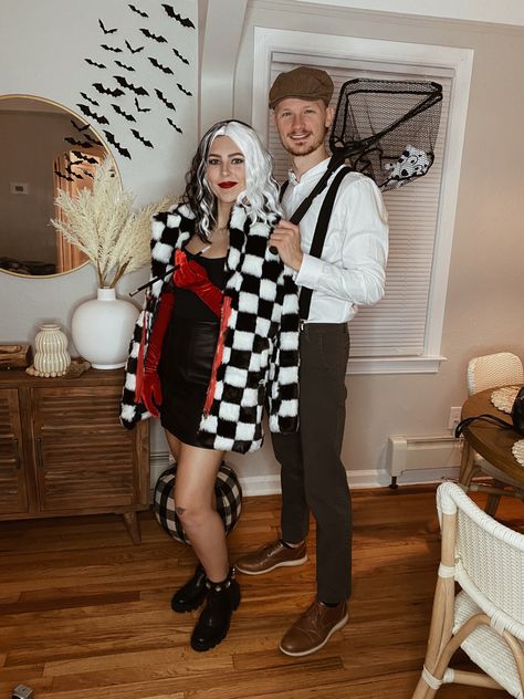 Cruella Couple Halloween Costumes, Cruella Deville And Puppy Costume, Cruella Deville Costume And Dalmation, Cruella Deville And Jasper Costume, Evil Couples Costumes, Cruella And Dog Catcher Costume, Cruelly Deville Couple Costume, Cruella Dalmation Costume, Cruella Deville Family Costume