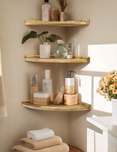 Decorative Corner Shelves Corner Wooden Shelves, Corner Shelving Bathroom, Small Shelf Ideas, Bathroom Wall Shelf Ideas, Corner Shelves Bathroom, Corner Floating Shelf, Room List, Wooden Bathroom Shelves, Bathroom Corner Storage