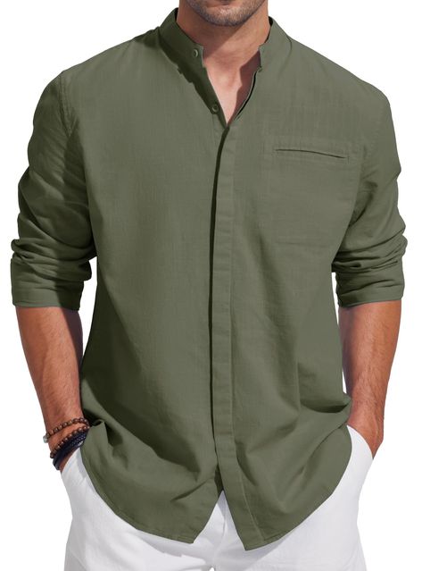 PRICES MAY VARY. 【High-quality Fabric】: made with 80% cotton & 20% Linen texture, skin-friendly, lightweight, soft and breathable, ensuring you stay comfortable all day long. 【Stylish Design】: linen shirt for men, band collar, practical left chest pocket with movable stitches, invisible button down closure, a spare button, summer tops, regular fit, plain solid color, this long sleeve casual linen shirt adds both functionality and style to your wardrobe. 【Versatile Occasions】: beach essential but Casual Linen Shirt, Texture Skin, Linen Shirts, Linen Shirt Men, Mens Linen, Linen Casual, Linen Texture, Roll Up Sleeves, Pocket Shirt