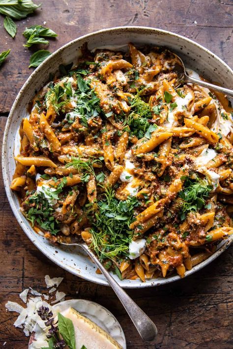 Decadent Pasta Recipes, Heart Pasta Recipes, Ricotta Dinner Recipes, Pasta With Whipped Ricotta, Ricotta Dinner, Winter Pasta, Sun Dried Tomato Pasta, Half Baked Harvest Recipes, Whipped Ricotta