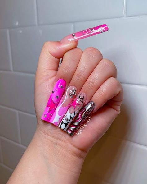 Unique Acrylic Nails, Pink Star, Pink Set, Silver Nails, Unique Nails, Pink Stars, Cute Acrylic Nails, Nails Nails, Nail Tech