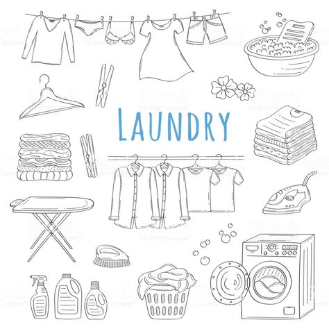 Laundry Laundry Tattoo, Laundry Drawing, Laundry Doodle, Laundry Illustration, Banner Doodle, Laundry Icons, Doodle Icons, Planner Doodles, Bullet Journal Ideas