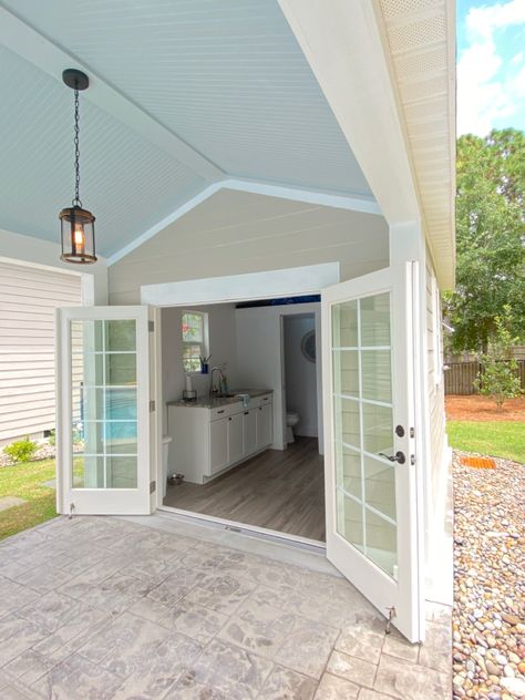 Tiny Pool House Shed, Small Pool Houses Sheds Interior, Pool House Storage Shed, Shed To Pool House, 2 Story Pool House, Pool House Interior Decor, Poolside House, Small Pool Bathroom, Diy Pool House Shed