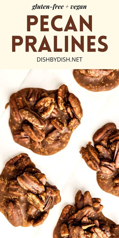 Crunchy and sweet, these easy pecan pralines are just the perfect candy to indulge in this holiday season! Totally gluten-free and vegan too. Make a batch of these sweet treats to enjoy today! Vegan Pralines, Praline Candy, Praline Recipe, Vegan Pecan, Pecan Pralines, Gf Desserts, Candied Pecans, Lactose Free, Enjoy Today