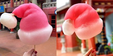 Disney World Is Selling Cotton Candy That Is Made To Look Just Like A Santa Hat | Suddenly I love cotton candy. | Delish Christmas Cotton Candy, Wine And Cotton Candy, Disney Cotton Candy, Eating Cotton Candy, Strawberry Shortcake Cheesecake Bars, Strawberry Doughnut, Cotton Candy Products, Strawberry Shortcake Bars, Strawberry Shortcake Cheesecake