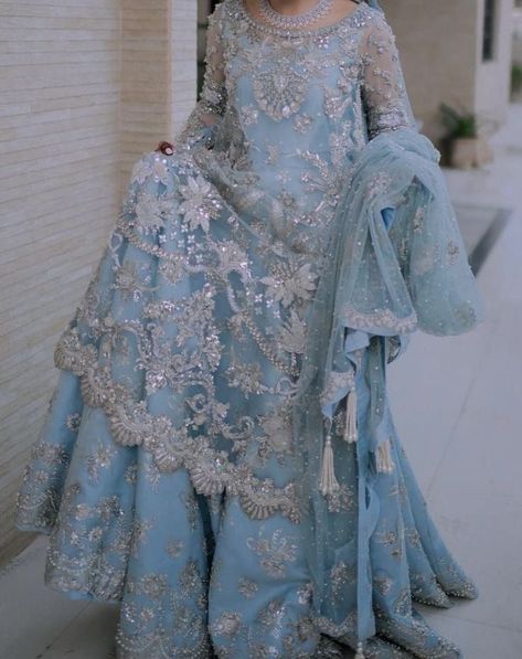 Light Blue Nikkah Dress, Blue Nikkah Dress, Reception Sharara, Light Blue Pakistani Dress, Plazo Suits, Plazzo Suits, Pakistani Party Wear Dresses, Nikah Dress, Abaya Design