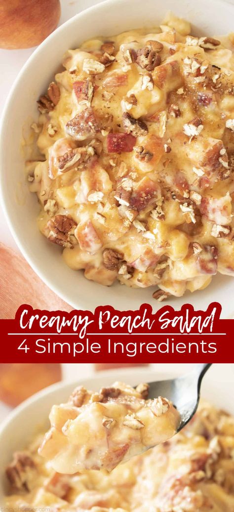 Make this Creamy Peach Salad with fresh peaches and a creamy delicious cheesecake filling, you will love! Add the optional brown sugar and pecan topping if you choose. It's great for a fresh summer fruit salad. Peaches And Cream Dessert, Peach Salad Recipes, Banana Salad, Summer Fruit Salad, Fresh Peach Recipes, Peach Pie Filling, Pecan Topping, Pudding Flavors, Baked Peach