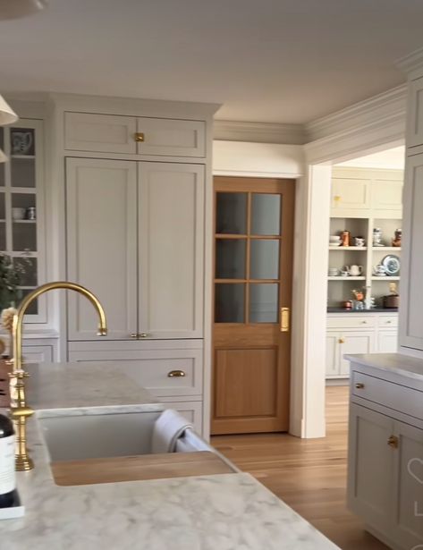 Pantry Door In Cabinets, 8 Ft Ceilings Ideas Kitchen, Low Ceiling Ideas Kitchen, Wallpaper Ceiling Butlers Pantry, Kitchen With Hallway In Middle, Recessed Ceiling Kitchen, 8 Ft Doors With 9 Ft Ceilings, Long Wall Of Cabinets, Pitched Kitchen Ceiling