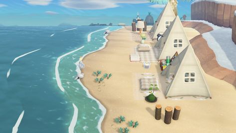 Beach camping, second campground, cottagecore Beach Camp Animal Crossing, Animal Crossing Campground, Acnh Beach Campsite, Acnh Campground, Music Festival Camping, Acnh Inspiration, Acnh Cottagecore, Beach Music, Acnh Ideas