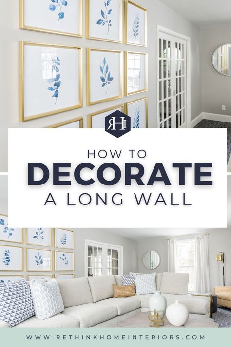 A long wall can be challenging when you think about styling a room for photos because you need to strike a balance between filling the space with something significant to create a great focal point. Especially when it's time for home staging. Learn how to decorate a long living room wall or a long bedroom wall like a professional. long wall decor, long wall art, long wall gallery, long wall entryway How To Decorate Long Wall Living Rooms, How To Decorate Your Living Room Walls, What To Do With A Long Wall Living Room, Long Wall Above Couch Decor, Long Blank Wall Ideas Living Room, Family Room Large Wall Decor, Living Room Designs Long Wall, Living Room Decor Big Wall, Long Bedroom Wall Decor