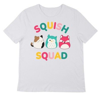 Join the Squish Squad with this Squishmallows tee. The shirt features an image of Cam the Cat, Winston the Owl, and Fifi the Fox while rainbow letters spell out, “Squish Squad.” The tee comes in a white short sleeve crew neck. Fans of the Squishmalllows will love this comfy cotton t-shirt. Squish Squad, Sleeve Packaging, Pad Design, Sleeves (women), White T, White Tshirt, Fabric Care, Sleeve Styles, White Shorts