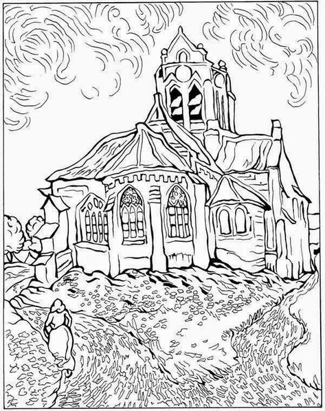 Church At Auvers Van Gogh Coloring Pages - Van Gogh Coloring Pages Famous Art Coloring, Van Gogh Coloring, Van Gogh Sunflowers, Arte Van Gogh, Art Worksheets, Van Gogh Paintings, Art Van, Cool Coloring Pages, Famous Art