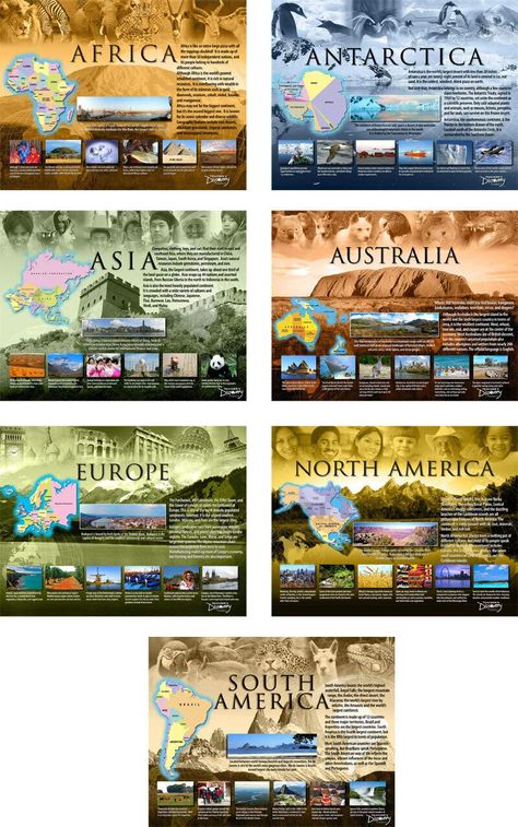 PRICES MAY VARY. Where will you go today? Students discover what is unique about each continent through colorful images and fascinating facts. Learn about the geography, climate, culture, resources, animals, and famous landmarks. They're so attractive; you'll want to keep them up as a permanent classroom decoration! This set features:  Antarctica Africa Asia Australia Europe North America South America  ©2009 Teacher's Discovery. 17 x 22 inches each, laminated. Middle/high school. Includes free World Geography Lessons, Geography Classroom, Montessori Geography, Seven Continents, Geography For Kids, Continents And Oceans, 6th Grade Social Studies, Teaching Geography, Homeschool Geography