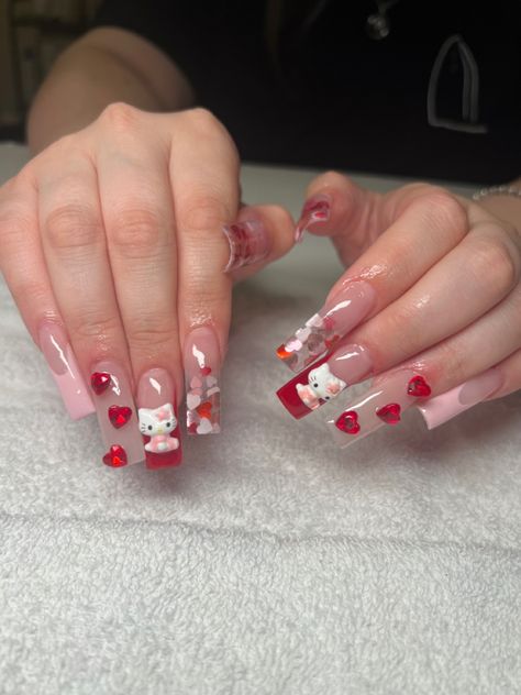 #valentinesdaynails #hellokittynails #pinknails #rednails #longnails Hello Kitty Nails Valentines, Hello Kitty Valentine’s Day Nails, Valentines Day Nails Hello Kitty, Hello Kitty Valentines Day Nails, Hello Kitty Valentines Nails, Red Hello Kitty Nails, Hello Kitty Valentines Day, Nails Board, Kitty Nails