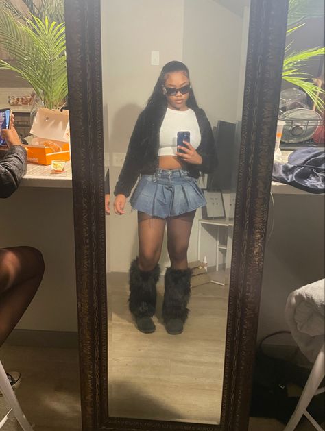 Mini Skirt And Fur Boots Outfit, Black Fuzzy Leg Warmers Outfit, Cute Mini Skirt Outfits Black Women, Skirts With Fishnets Outfit, Fur Boots Outfit Skirt, Fishnets And Skirt Outfit, Fur Boots And Skirt Outfit, Mini Skirt Fishnets Outfit, Outfits With Fuzzy Boots