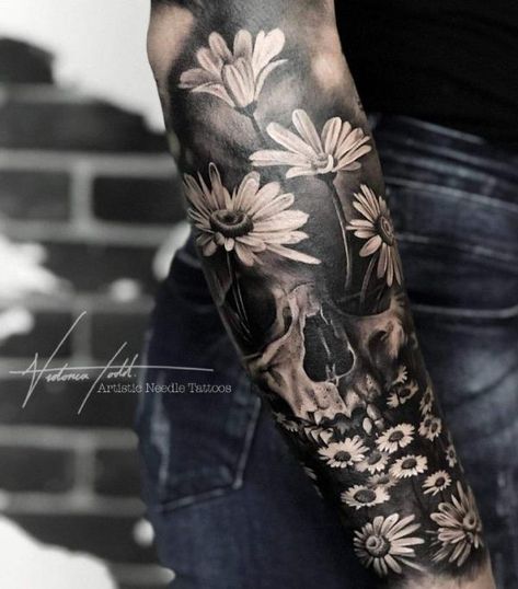 Dark skull with white daisy tattoo Skull And Flower Tattoo Forearm, Dark Sleeves For Women Tattoo, Half Sleeve Bird Tattoos For Women, Floral And Skull Tattoo Sleeve, Sleeve Tattoos Flowers Men, Black And White Cover Up Tattoo Ideas, Black And Grey Floral Tattoo Cover Up, Floral Sleeve Cover Up Tattoo, Skull Cover Up Tattoo Women