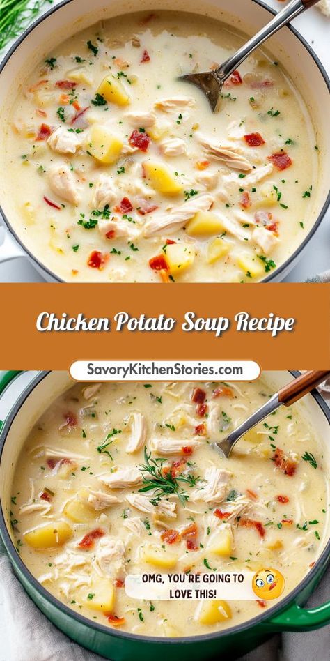 Looking for a soul-soothing soup? Our Chicken Potato Soup Recipe is just what you need! With tender chunks of chicken, creamy potatoes, and aromatic herbs, this easy recipe is a crowd-pleaser. Perfect for meal prep or a cozy dinner, it’s the ultimate comfort food. Save it now for chilly days! Creamy Chicken Potato Soup, Creamy Chicken Stew, Chicken Potato Soup, Soup Recipe Easy, Winter Soup Recipe, Chicken Potato, Creamy Chicken Soup, Hearty Chicken, Winter Dinner Recipes