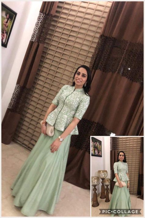 Banarsi Skirt And Top, Skirt With Peplum Top Indian, Long Shirt With Plazo For Wedding, Tissue Frocks For Women, Peplon Blouse And Skirt, Peplon Blouse, Designer Dresses Elegant, Long Gown Design, Wedding Lehenga Designs