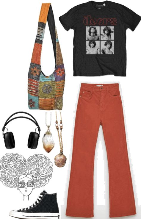 70s Edgy Style, 70s Outfits School, Edgy 70s Outfits, 70s Fits Aesthetic, 70s Roadie Outfit, 70s Clothing Aesthetic, Groovy Aesthetic Clothes, 70s Outfit Moodboard, Hippie 70s Outfits