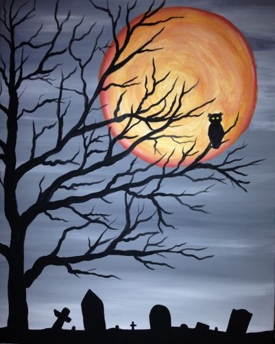 Paint Nite. Drink. Paint. Party! We host painting events at local bars. Come join us for a Paint Nite Party!. Spooky Fall Paintings, Grave Yard Painting, Water Restaurant, Halloween Canvas Paintings, Sports Pub, Spooky Tree, Martini Bar, Pub Restaurant, Owl Tree