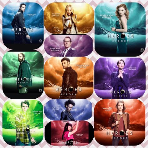 All of the heroes reborn posters in one Heroes Tv Series, Heroes Reborn, Cartoon Games, Me Tv, Tv Series, Tv Shows, Fan Art, Tv, Movie Posters