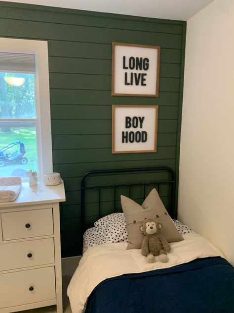 Dark Green Toddler Room, Toddler Boy Room Accent Wall, Boys Room Green Accent Wall, Light Green Boys Room, Dark Green Boys Bedroom, Boys Room Green Walls, Boys Accent Wall, Accent Wall Boys Room, Kids Green Bedroom