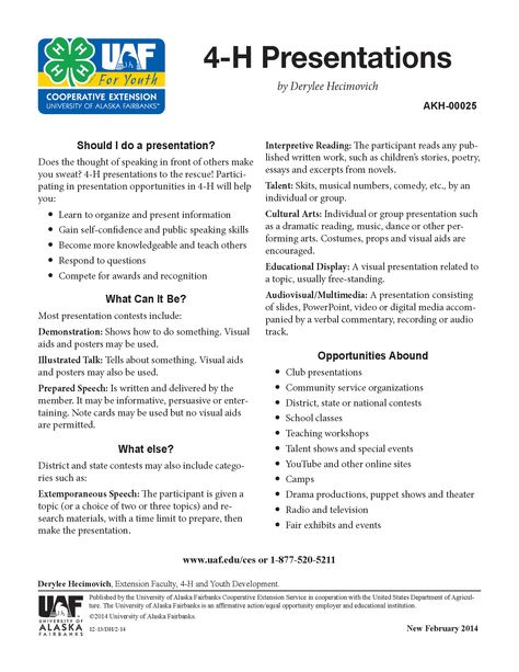 A new publication for 4-H'ers! 4-H Presentations. It explains the different types of presentations, including demonstrations, illustrated talks, prepared speeches, interpretive readings, educational displays and more, and lists various opportunities for giving presentations. There is also detailed information on suggested times, how to choose a topic, visual aids, poster guidelines and tips for improving your public speaking skills. It also includes a sample 4-H Presentation Judging Form. 4 H Presentation Ideas Fun, 4h Horse Presentation Ideas, 4-h Pledge Activities, 4-h Meeting Ideas, 4h Presentation Ideas, 4h Record Book Examples, 4-h Crafts, 4h Demonstration Ideas, 4h Leader