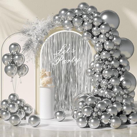 BEST PRICING FREE SHIPPING HIGH QUALITY 130pcs Metallic Silver Balloon Garland Arch Kit 18 12 10 5 inch Chrome Silver La DETAILS         【What You'll Receive】：The package Includes 1pcs 3.3ftX6.6ft silver fringe backdrop, 129pcs silver balloons different sizes with 18inch 4pcs, 12inch 30pcs, 10inch 30pcs, 5inch 65pcs, and 2pcs rolls of 33ft silver ribbon 【High-Quality erial】：The metallic silver party decorations have been rigorously tested and are made of high-quality natural latex erial, safe an Silver Balloon Garland, Silver Party Decorations, Silver Balloons, 60th Birthday Decorations, Balloon Clusters, Disco Party Decorations, Wedding Anniversary Decorations, Boo Tiful, Fringe Backdrops